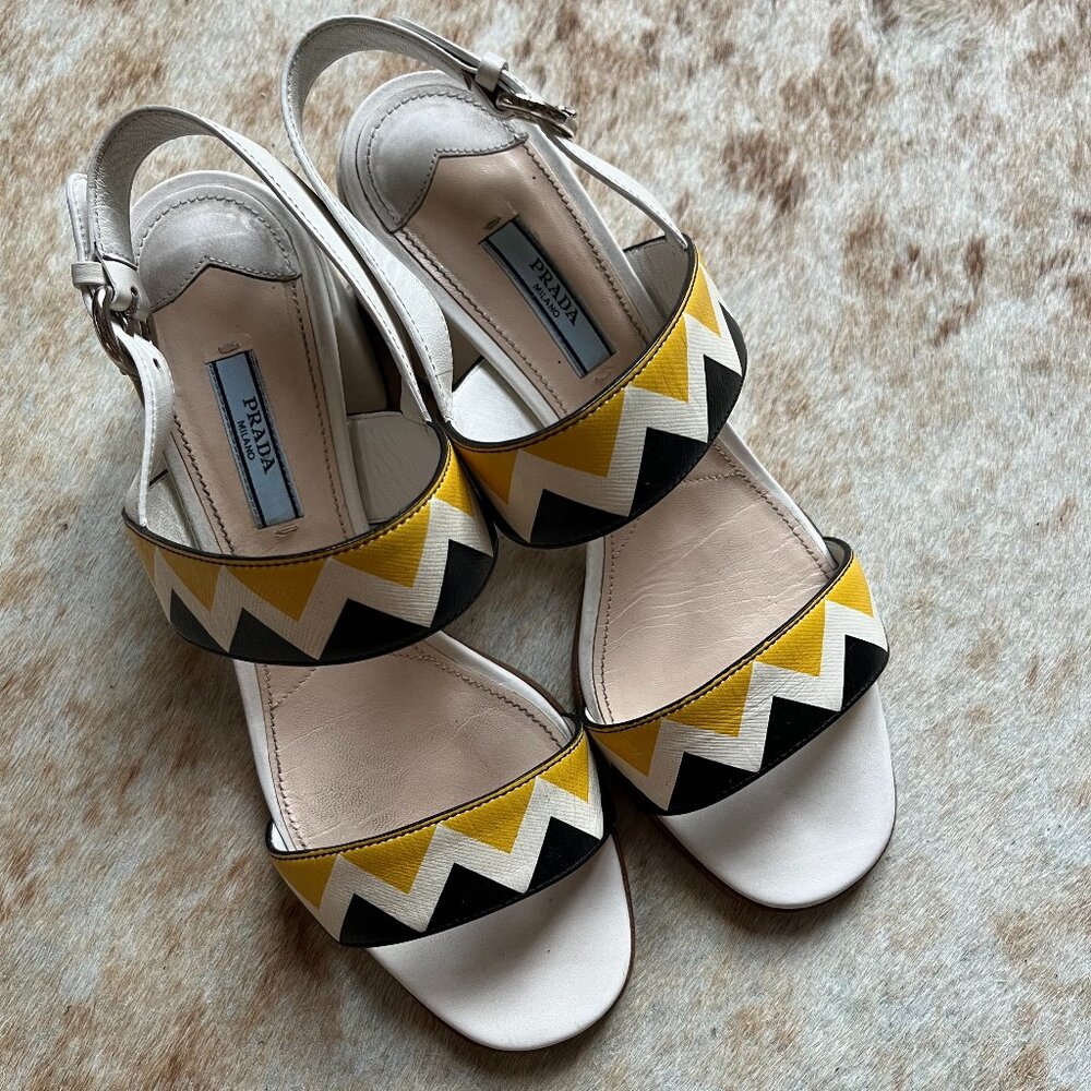Prada Saffiano white yellow heel sandals